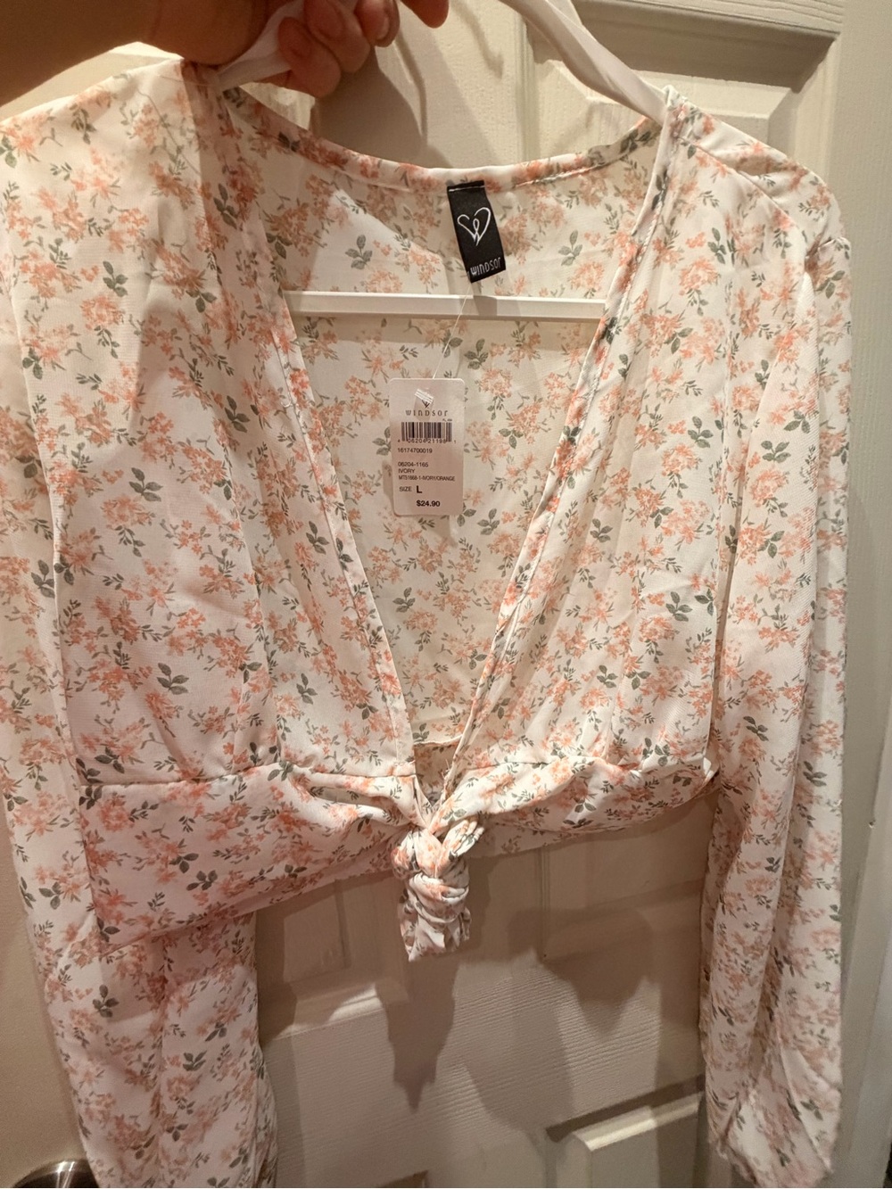 Windsor Floral Tie-Front Long Sleeve Crop Top - White with Peach & Sage